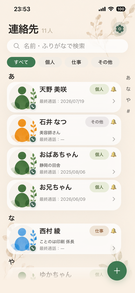 連絡先一覧の画面